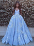 Blue Tulle Appliques Off the Shoulder Sweep Train Ball Gown  MOS30